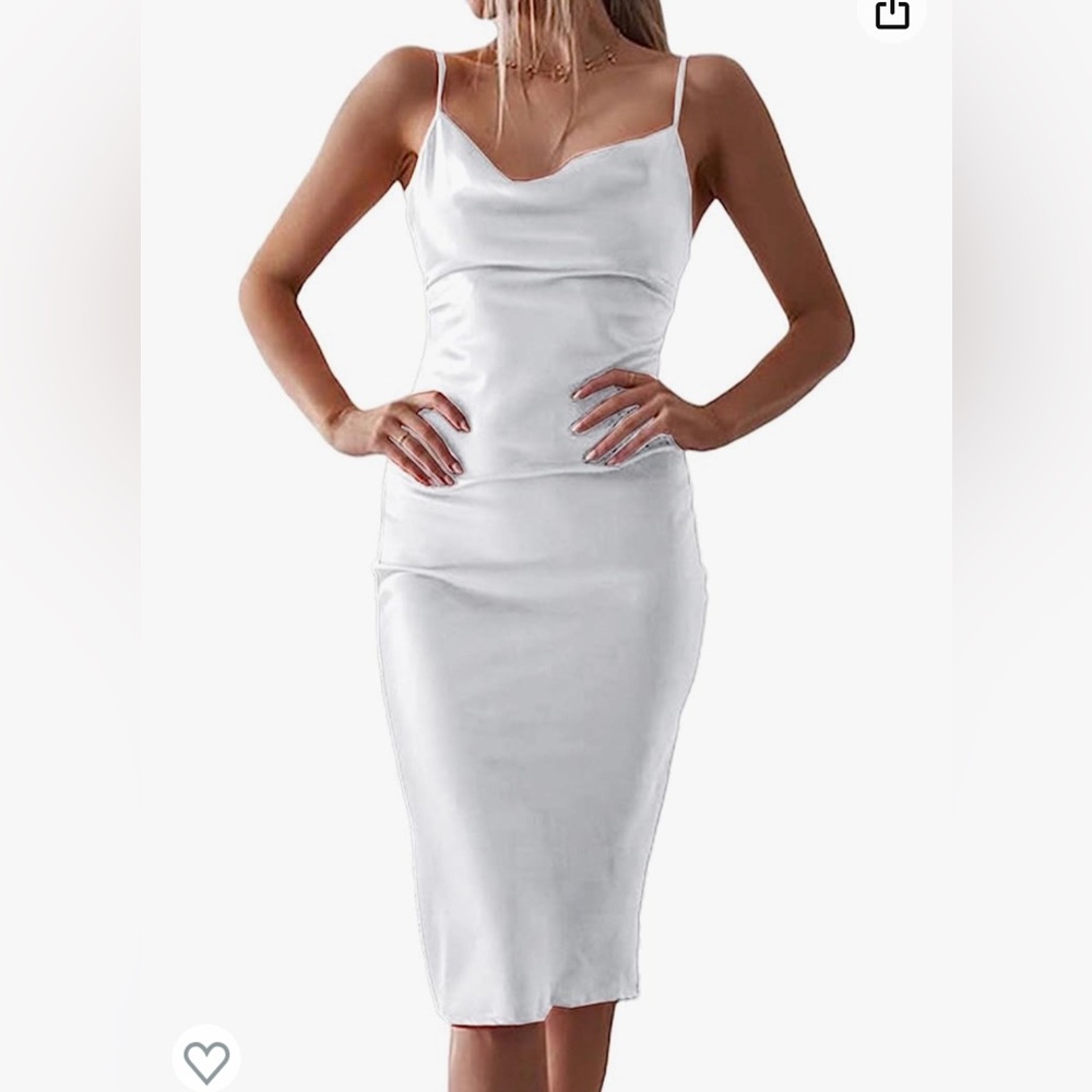 xxxiticat Women's Sleeveless Spaghetti Strap Satin White Midi Dress